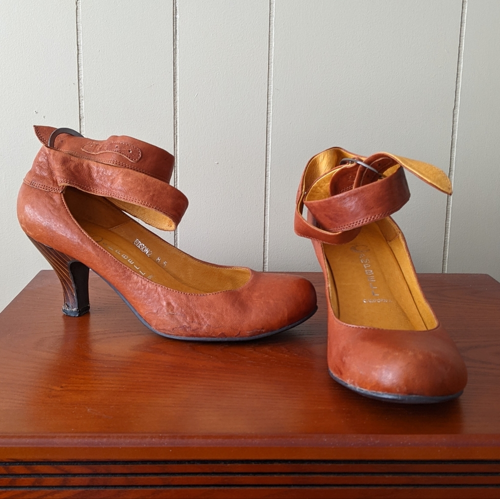 Cognac leather ankle strap heels
